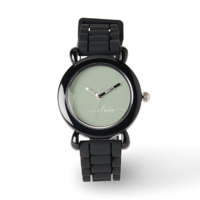 Sage Groen Minimalistisch Modern Monogram Elegant Horloge (Voorkant)