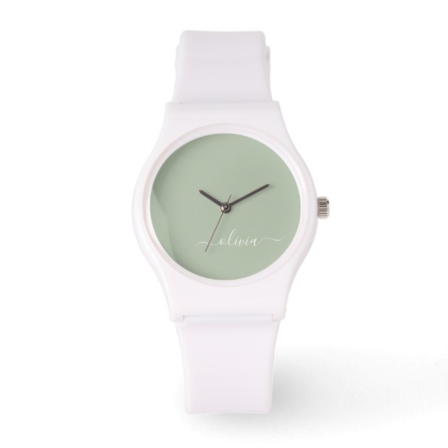 Sage Groen Minimalistisch Modern Monogram Elegant Horloge (Voorkant)