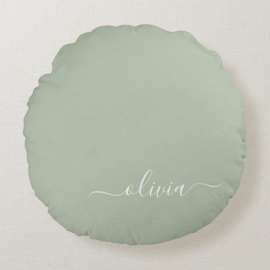 Sage Groen Minimalistisch Modern Monogram Elegant Rond Kussen (Voorkant)