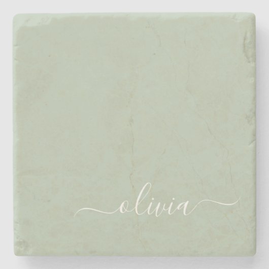 Sage Groen Minimalistisch Modern Monogram Elegant Stenen Onderzetter (Voorkant)