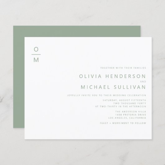 Sage Groen Minimalistisch Monogram Bruiloft Uitnod (Voorkant / Achterkant)