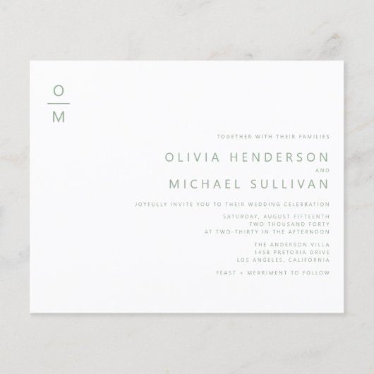Sage Groen Minimalistisch Monogram Bruiloft Uitnod (Voorkant)