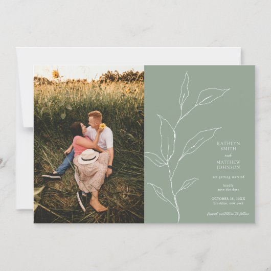 Sage Groen Minimalistisch Olijfblad Save the Date Magnetische Uitnodiging (Voorkant)