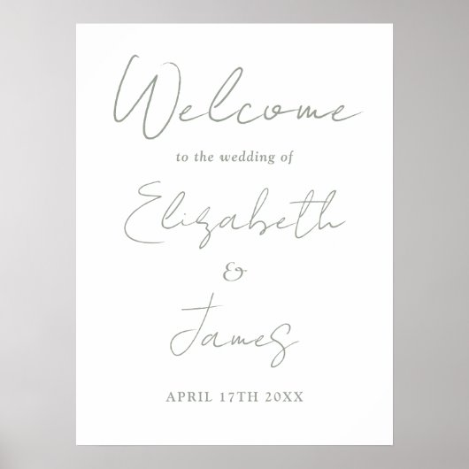 Sage Groen Minimalistisch Script Bruiloft Welkomst Poster (Voorkant)