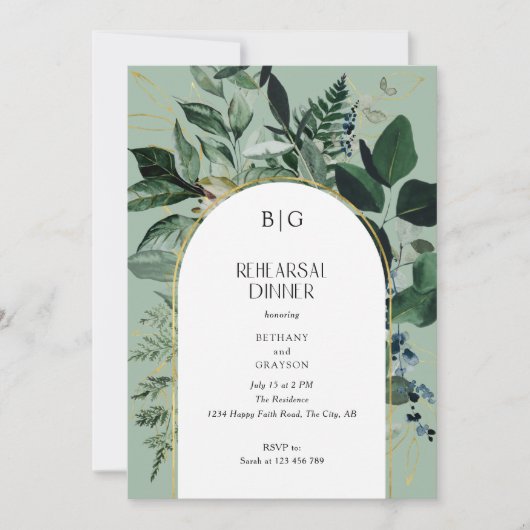 Sage Groen Modern Botanisch Repetitie Diner Kaart (Voorkant)