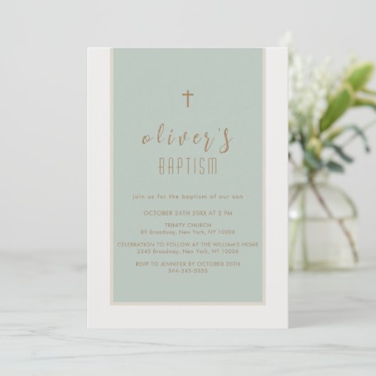 Sage Groen Modern Cross Doopjongen Doop Kaart (Staand voorkant)