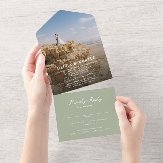 Sage Groen Modern Eenvoudig Romantisch Foto Bruilo All In One Uitnodiging (Afscheurbaar)