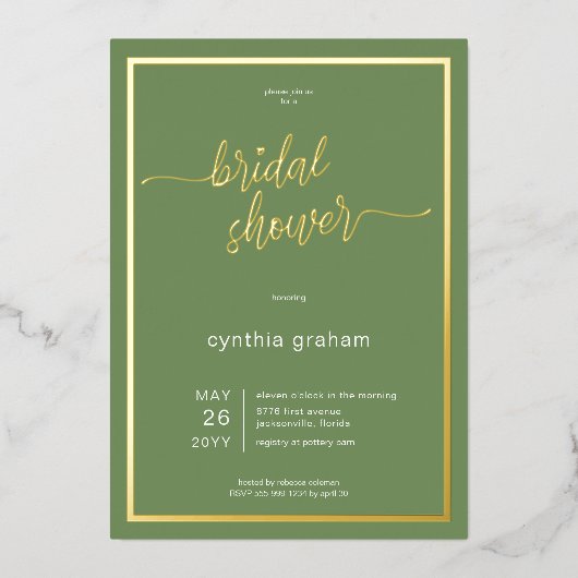 Sage Groen Modern Minimaal Vrijgezellenfeest Folie Uitnodiging (Voorkant)