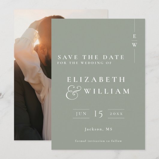 Sage Groen Modern Monogram Foto Bruiloft Save The Date (Voorkant / Achterkant)