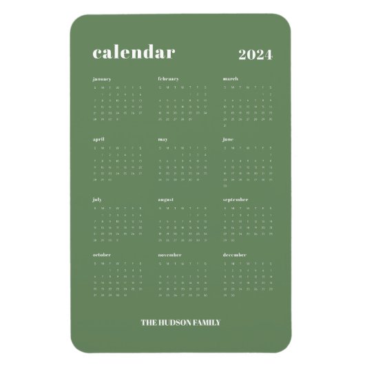 Sage Groen Modern Volledig Jaar 2024 Kalender Magneet (Verticaal)