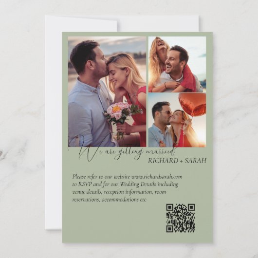 Sage Groen Moderne Aangepaste Fotocollage Bruiloft Kaart (Achterkant)