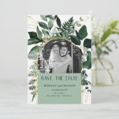 Sage Groen Moderne elegante QR-code Botanische fot Save The Date (Staand voorkant)