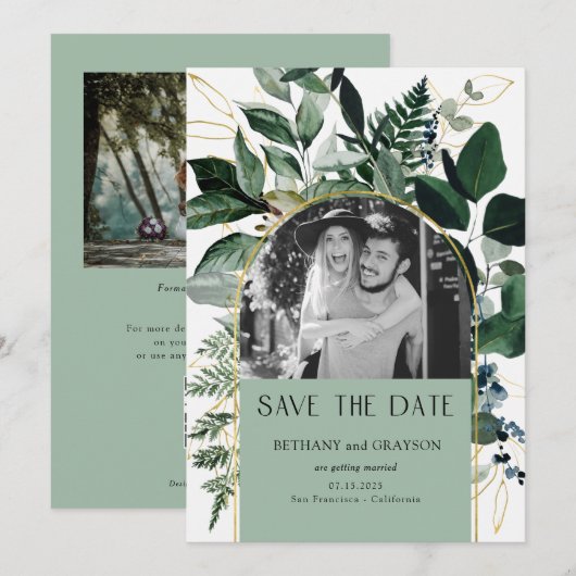 Sage Groen Moderne elegante QR-code Botanische fot Save The Date (Voorkant / Achterkant)
