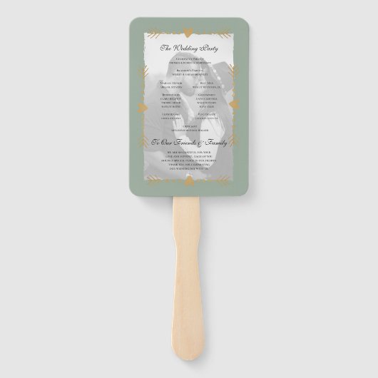 Sage Groen Moderne Foto Gouden Hart Huwelijksprogr Handwaaier (Achterkant)