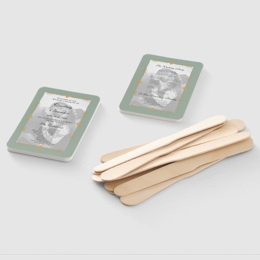 Sage Groen Moderne Foto Gouden Hart Huwelijksprogr Handwaaier (Niet-gemonteerd)