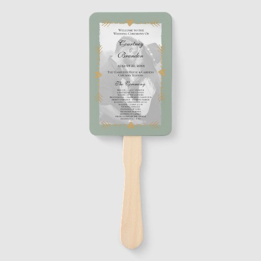 Sage Groen Moderne Foto Gouden Hart Huwelijksprogr Handwaaier (Voorkant)