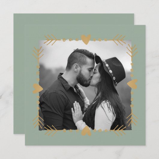 Sage Groen Moderne Foto Gouden Harten Bruiloft Kaart (Voorkant / Achterkant)