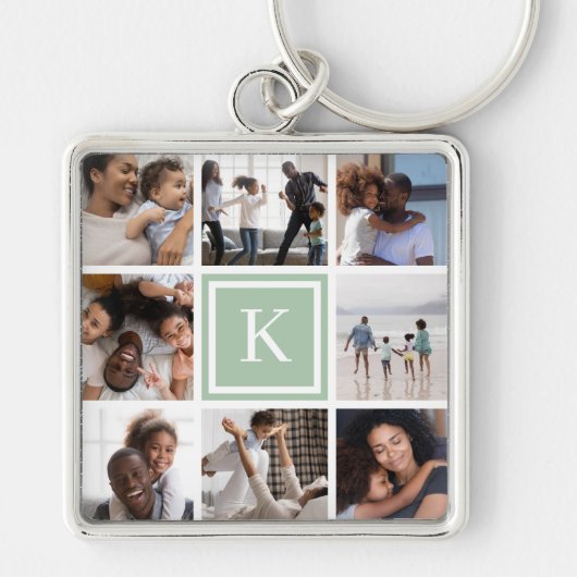 Sage Groen Monogram 8 Fotocollage Sleutelhanger (Voorkant)