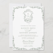 Sage Groen Monogram Bloemen  Crest Bruiloft Kaart (Voorkant)