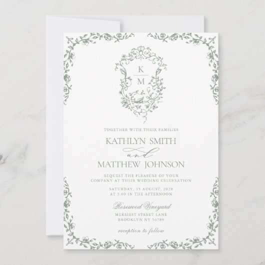 Sage Groen Monogram Bloemen  Crest Bruiloft Kaart (Voorkant)