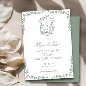 Sage Groen Monogram Bloemen  Crest Bruiloft Save The Date
