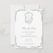 Sage Groen Monogram Bloemen Crest Bruiloft Save The Date (Voorkant)