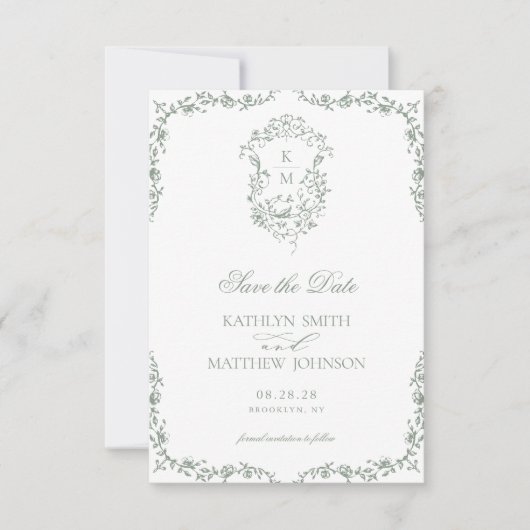 Sage Groen Monogram Bloemen  Crest Bruiloft Save The Date (Voorkant)