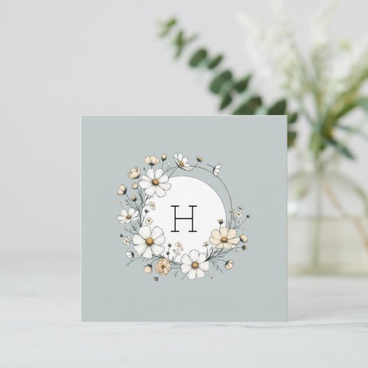 Sage Groen Monogram Boho Bloemen Gepersonaliseerd Bedankkaart (Staand voorkant)