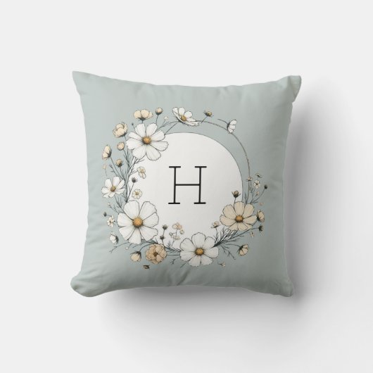Sage Groen Monogram Boho Bloemen Gepersonaliseerd Kussen (Voorkant)