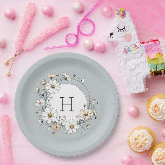 Sage Groen Monogram Boho Bloemen Gepersonaliseerd Papieren Bordje (Feest)