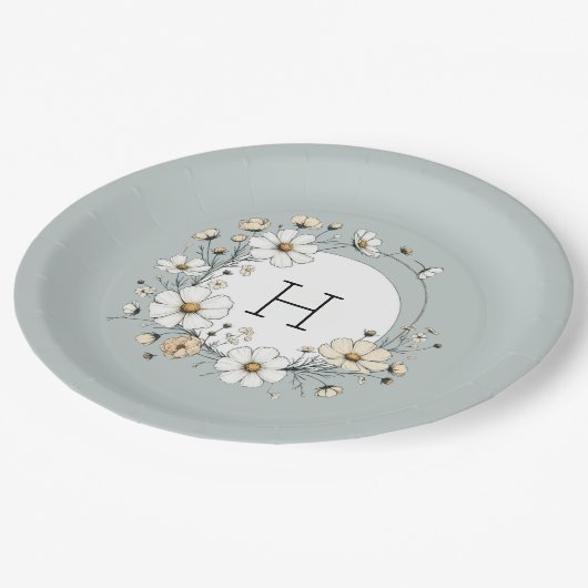 Sage Groen Monogram Boho Bloemen Gepersonaliseerd Papieren Bordje (Gekanteld)