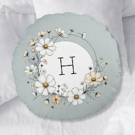 Sage Groen Monogram Boho Bloemen Gepersonaliseerd Rond Kussen