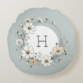 Sage Groen Monogram Boho Bloemen Gepersonaliseerd Rond Kussen (Voorkant)