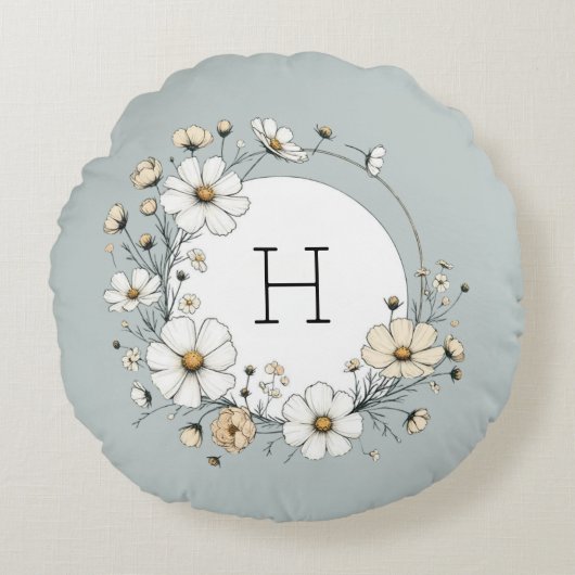 Sage Groen Monogram Boho Bloemen Gepersonaliseerd Rond Kussen (Voorkant)