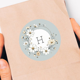 Sage Groen Monogram Boho Bloemen Gepersonaliseerd Ronde Sticker