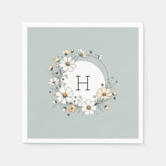 Sage Groen Monogram Boho Bloemen Gepersonaliseerd Servet (Voorkant)