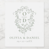 Sage Groen Monogram Bruiloft Bloemen Crest Wijn Etiket (Enkel label)