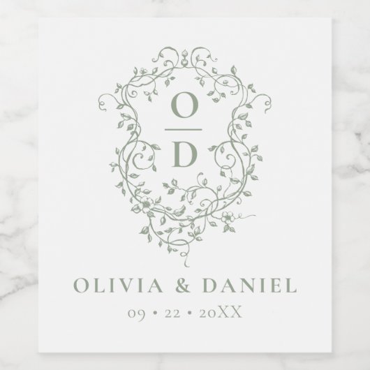 Sage Groen Monogram Bruiloft Bloemen Crest Wijn Etiket (Enkel label)