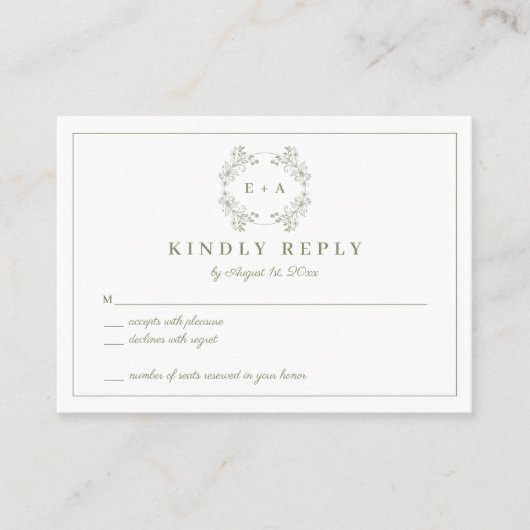 Sage Groen Monogram Bruiloft RSVP Kaart (Voorkant)