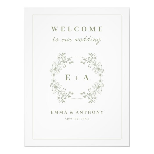  Sage Groen Monogram Bruiloft Welkomstbord Foto Afdruk (Voorkant)