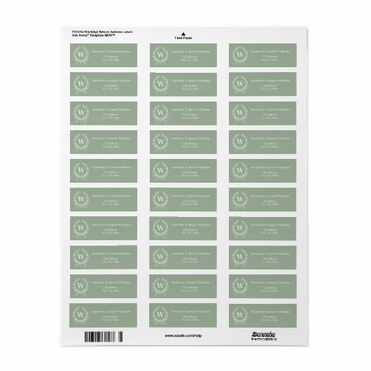 Sage groen monogram initialen krans retouradres etiket (Full Sheet)