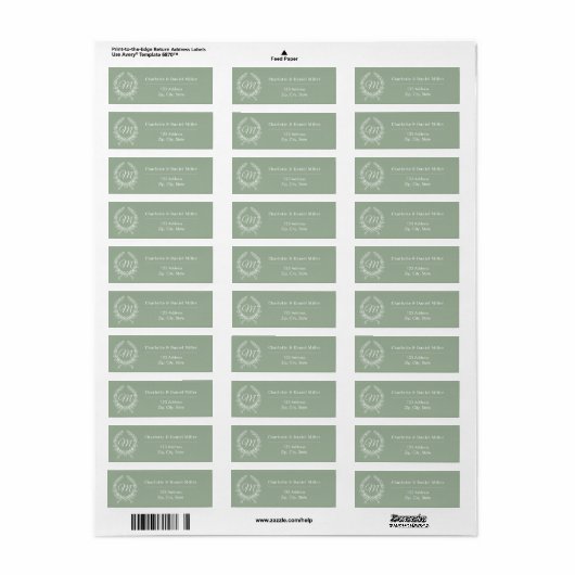 Sage groen monogram initialen krans retouradres etiket (Full Sheet)
