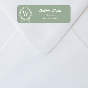 Sage groen monogram initialen krans retouradres etiket