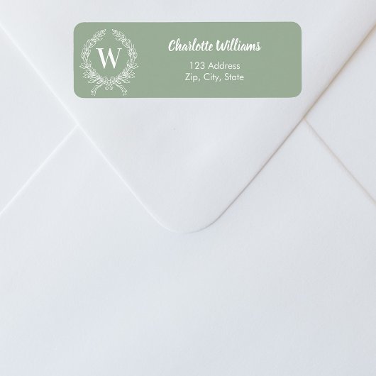 Sage groen monogram initialen krans retouradres etiket