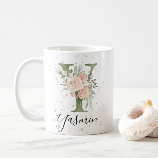 Sage Groen Monogram Letter Y Blush Cream Bloemen Koffiemok (Met donut)
