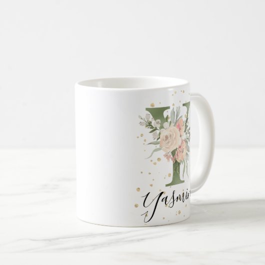 Sage Groen Monogram Letter Y Blush Cream Bloemen Koffiemok (Voorkant rechts)