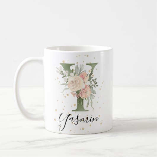 Sage Groen Monogram Letter Y Blush Cream Bloemen Koffiemok (Links)
