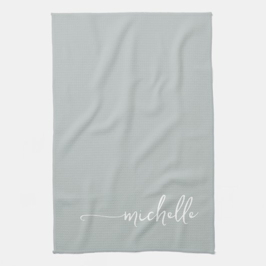 Sage Groen Monogram Naam Gouden Kalligrafie Script Theedoek (Verticaal)