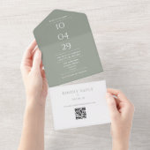 Sage Groen Monogram QR Code Trouwdatum All In One Uitnodiging (Afscheurbaar)