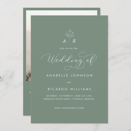 Sage Groen Monogram Script Foto QR Code Bruiloft Kaart (Voorkant / Achterkant)